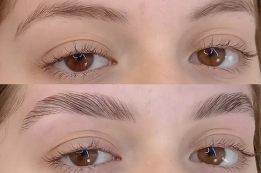 Sobrancelha antes e depois do brow lamination, trabalho do Studio Camila Marestoni